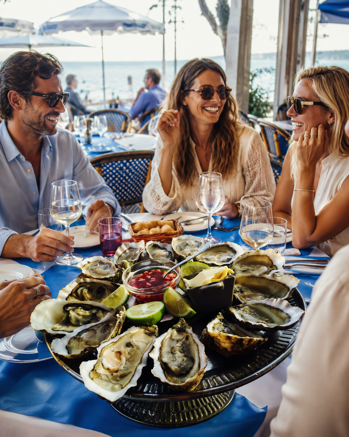 Clients partageant un repas de fruits de mer en terrasse au Flore